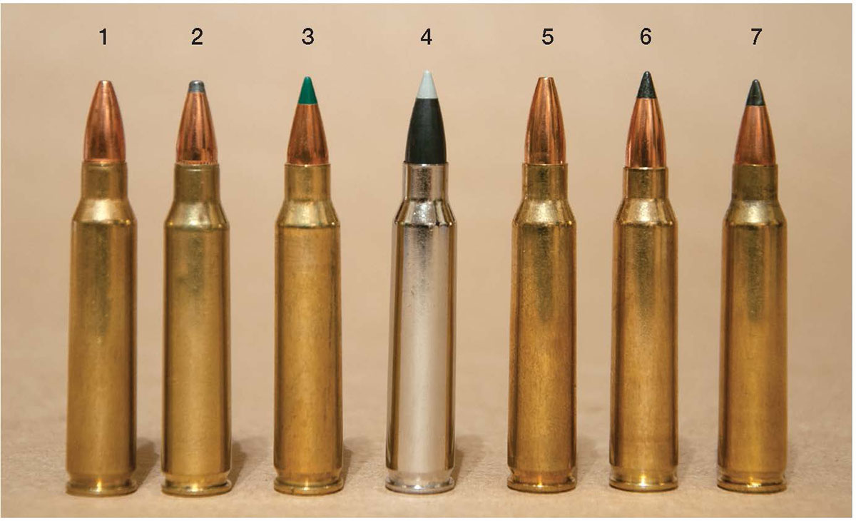 These 223 Remington loads feature bullets that include a (1) 55-grain Barnes TSX FB HP, (2) 55-grain PSP, (3) 55-grain Sierra BlitzKing, (4) 40-grain Ballistic Silvertip, (5) 36-grain Barnes Varmint Grenade, (6) 55-grain Nosler Varmageddon FB and a (7) 40-grain Winchester Polymer Tip Rapid Expansion.